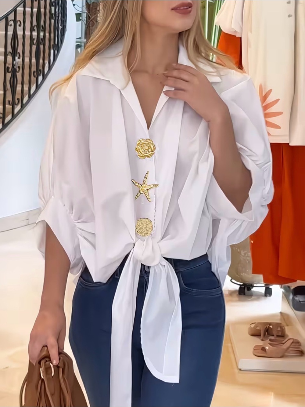 Bright Pink or White Tie-Front Blouse with Decorative Gold Buttons $29 each.